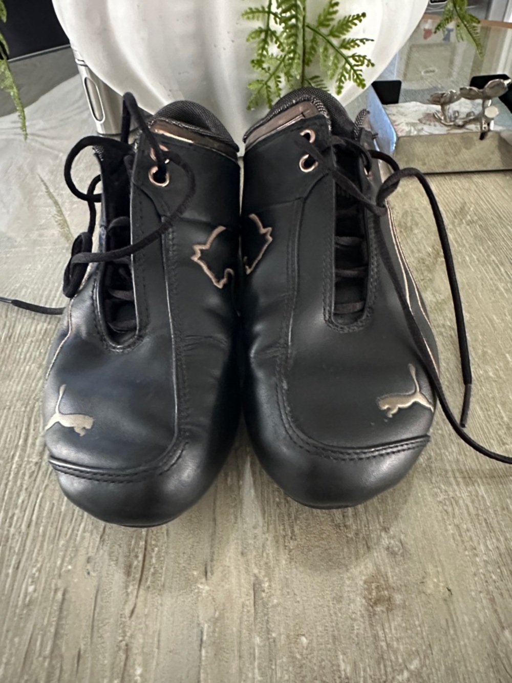 Puma Black Leather Lace-Up Driving Sneakers with Silver Accents